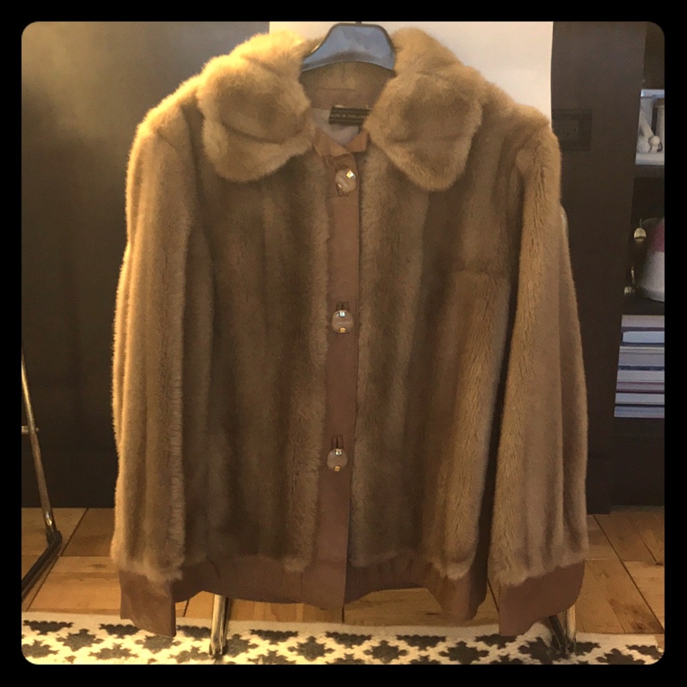 Vintage faux fur camel faux leather trim jacket